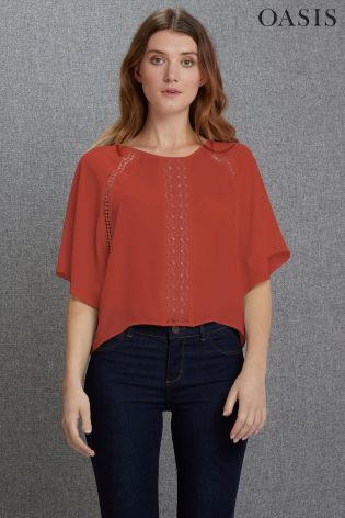 Red Oasis Bobble Trim Flute Sleeve Top
